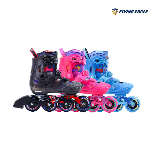 Ba màu giày trượt patin cho bé Flying Eagle S8 đen, hồng, xanh xếp nghiêng